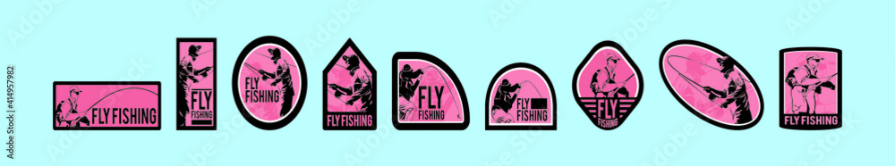 set of fly fishing logo cartoon icon design template with various models. vector illustration isolated on blue background