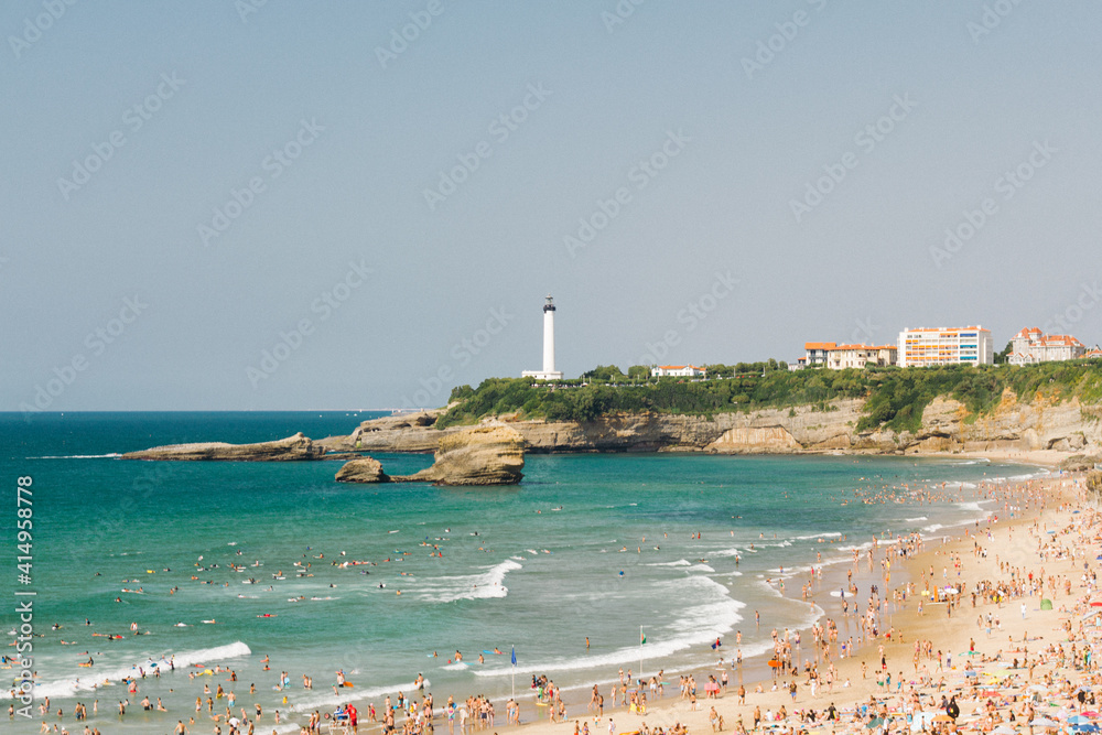Beach and lighthouse of Biarritz in France