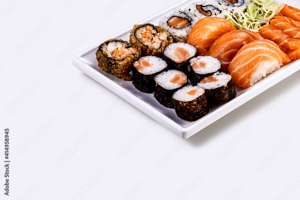 close up of japanese food on white background close up of japanese food on white background