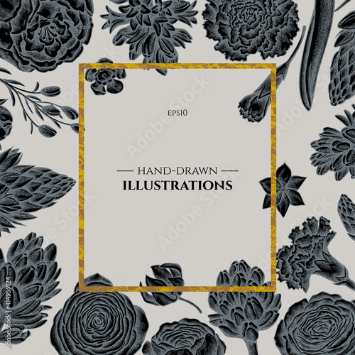 Badge over design with peony, carnation, ranunculus, wax flower, ornithogalum, hyacinth