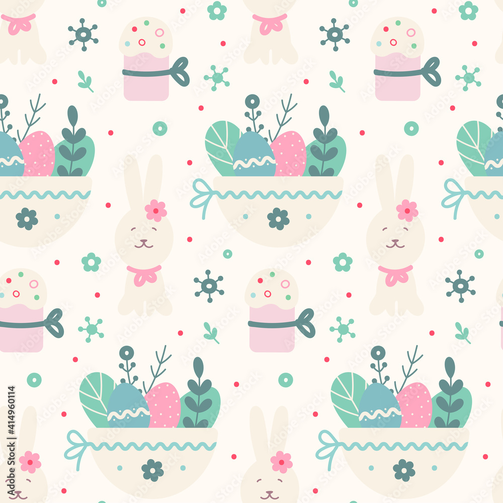 Easter seamless pattern with easter bunnies, eggs, cakes, flowers. Suitable for Easter cards, wallpaper, paper, fabric, interior decor and others
Easter seamless pattern with easter bunnies, eggs, cakes, flowers. Suitable for Easter cards, wallpaper, paper, fabric, interior decor and others