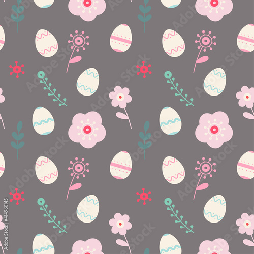Easter seamless pattern with Easter eggs, flowers, leaves on a dark background. Suitable for Easter cards, wallpaper, paper, fabric, interior decor and others