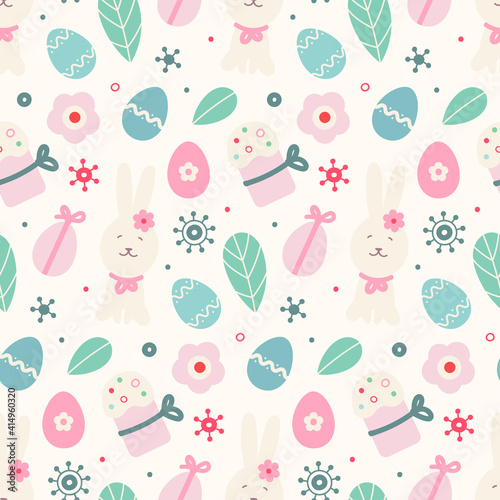 Easter seamless pattern with easter bunnies, eggs, cakes, flowers. Suitable for Easter cards, wallpaper, paper, fabric, interior decor and others