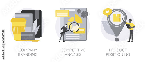 Brand building agency abstract concept vector illustration set. Company branding, competitive analysis, product positioning, product release, advertising campaign strategy abstract metaphor.