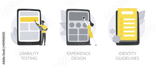 Web designer services abstract concept vector illustration set. Usability testing, experience design, identity guidelines, user experience test, UX and UI element, corporate ID abstract metaphor.