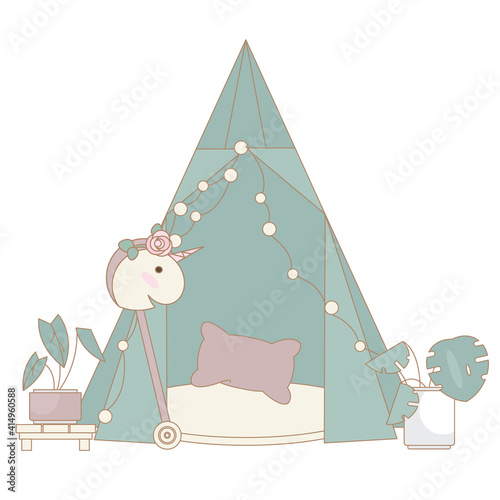 Children's playroom with tent and toys on white background