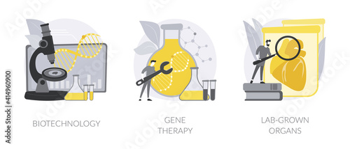 Bioengineering industry abstract concept vector illustration set. Biotechnology, gene therapy, lab-grown organs, stem cells, laboratory research, genetic cancer treatment abstract metaphor.