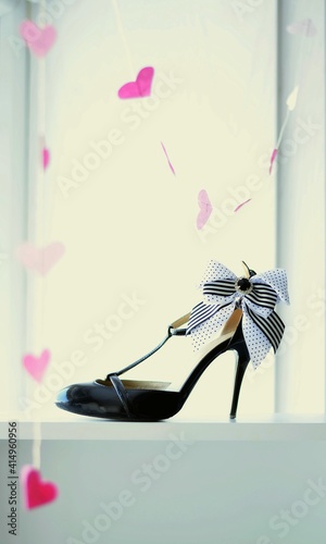 shoes, fashion, leather, high, white, black, pair, heel, elegance, heart, bow, brooch