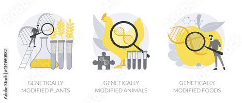 Biotechnology in agriculture abstract concept vector illustration set. Genetically modified plants and animals, GM food industry, gmo farming, transgenic crops, nutrition safety abstract metaphor.