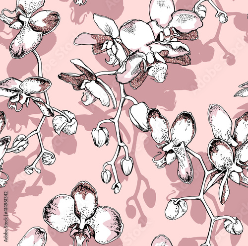 Seamless wallpaper pattern. Orchid flowers and bud on branches. Textile composition, hand drawn style print. Vector illustration.