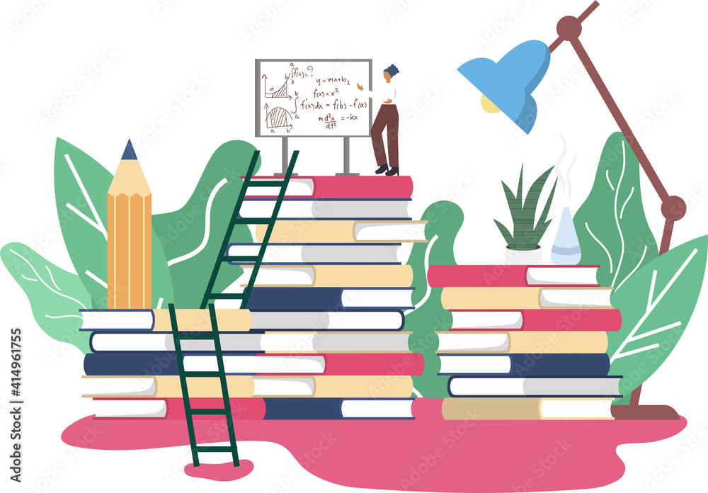 a woman teaching mathematics over the tower of books with stair to the top. Education minimal desgin vector concept.