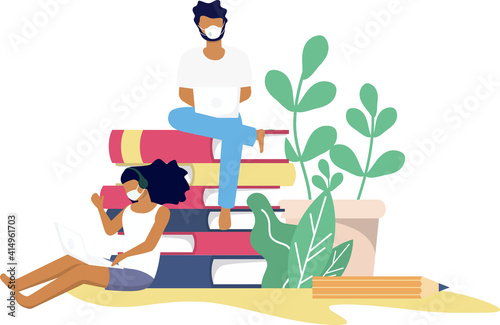 A man and a woman wearing mask while working or studying through online internet in covid19 corona virus outbreak situation, social distancing e learning online education