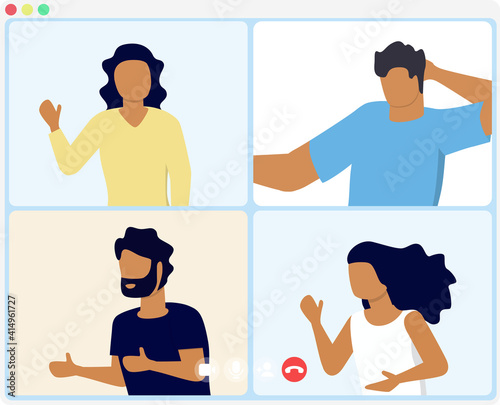 People conference through video over internet in minimal vector design. video conference while working or study from home due to the covid19 corona virus outbreak