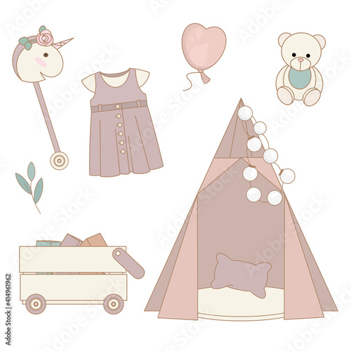 Set of personal belongings, objects of a young girl on white background