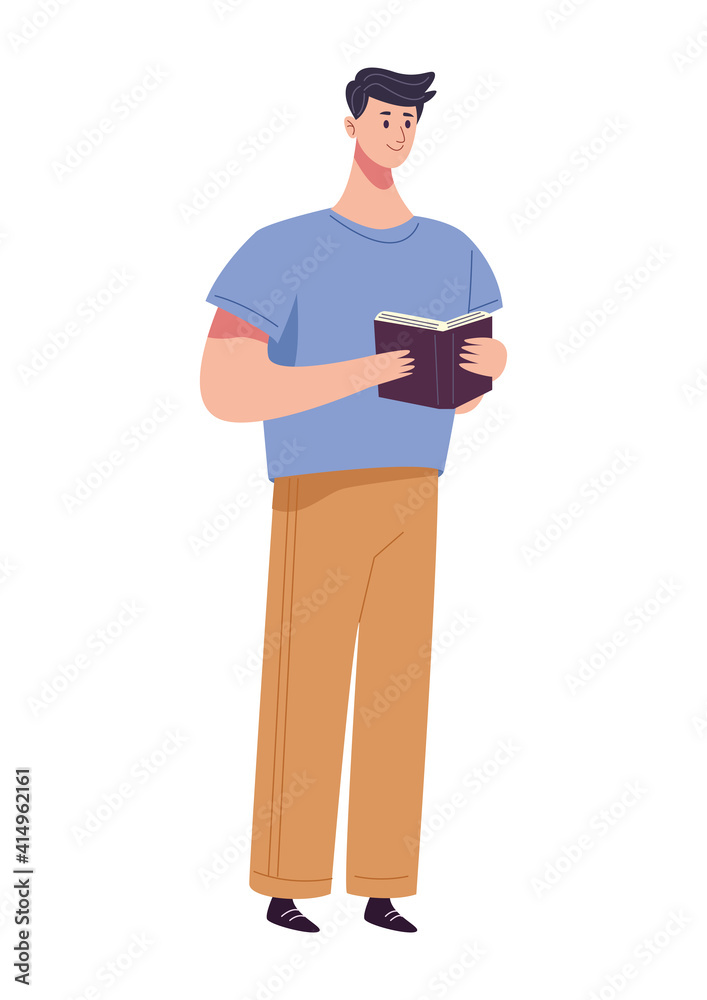 reader man reading book standing character reader man reading book standing character