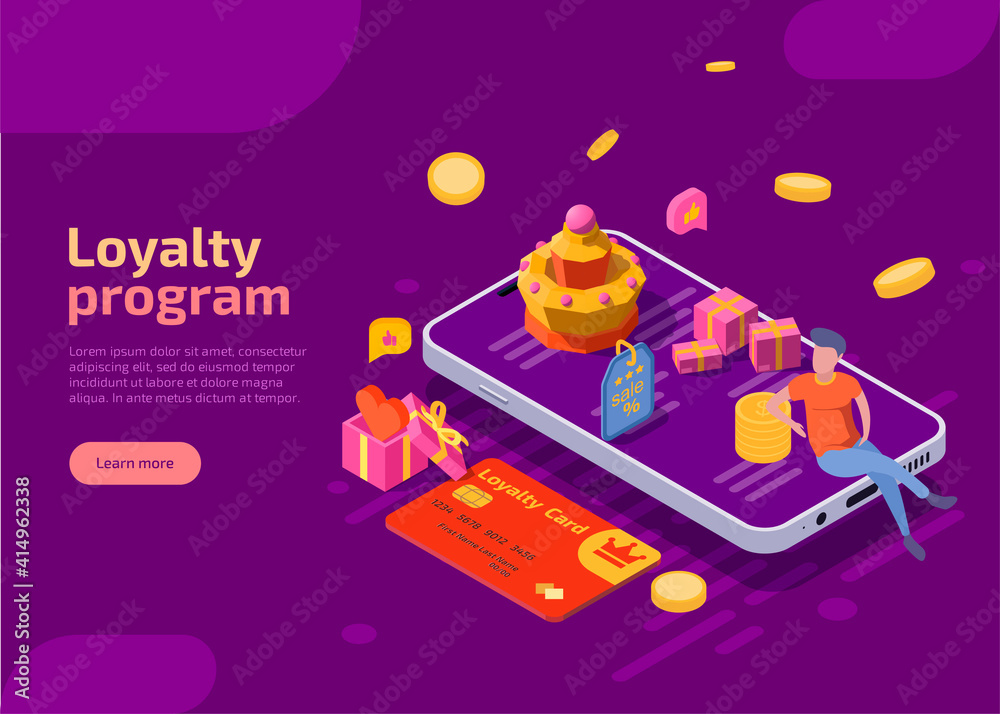 Loyalty program isometric landing page. Smartphone with character, coins, gifts and discount card on purple background. Online shopping promotion offer, cashback, reward or bonus for regular customers