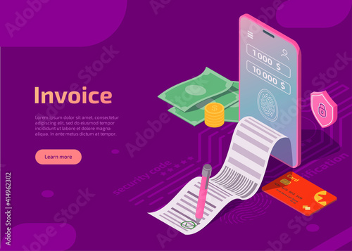 Invoice landing page or banner. Isometric smartphone with electronic bill, cash and banking card, receipt with signature and shield with lock sign on purple background. Security mobile payment concept