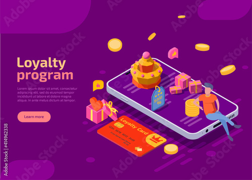 Loyalty program isometric landing page. Smartphone with character, coins, gifts and discount card on purple background. Online shopping promotion offer, cashback, reward or bonus for regular customers