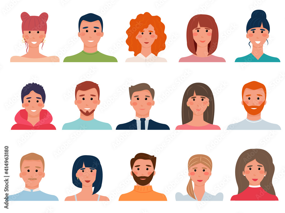 Set of people avatars in flat style. Diversity group of young men, boys,  girls, women, transgender people. Brunettes, brown-haired, blondes and  redheads. Vector illustration Stock Vector | Adobe Stock