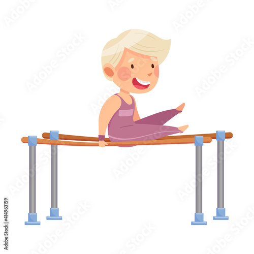 Little Blond Boy Doing Gymnastics on Parallel Bars Vector Illustration