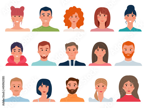 Set of people avatars in flat style. Diversity group of young men, boys, girls, women, transgender people. Brunettes, brown-haired, blondes and redheads. Vector illustration