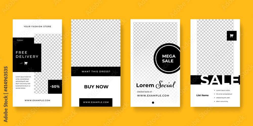Clean black story layouts for social media, fashion oriented posts template pack for sale campaign Clean black story layouts for social media, fashion oriented posts template pack for sale campaign