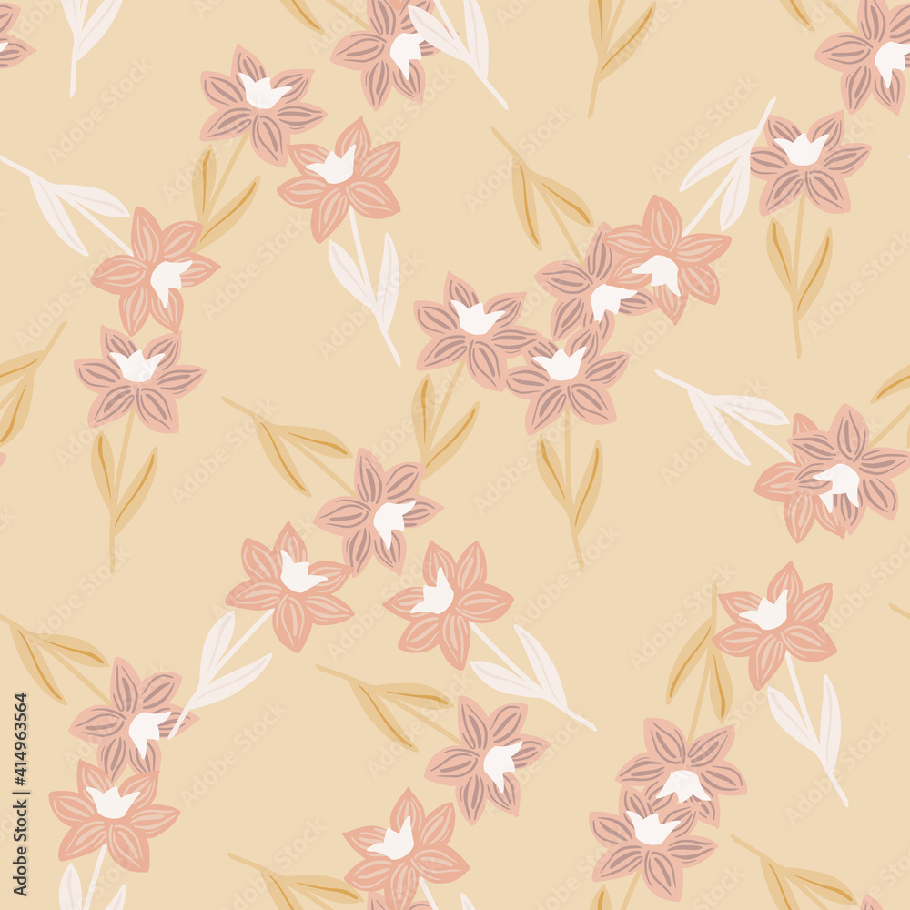 Spring pastel tones seamless pattern with random abstract simple flower silhouettes. Light pink colored print.
