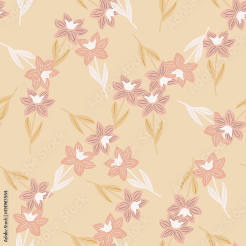 Spring pastel tones seamless pattern with random abstract simple flower silhouettes. Light pink colored print.