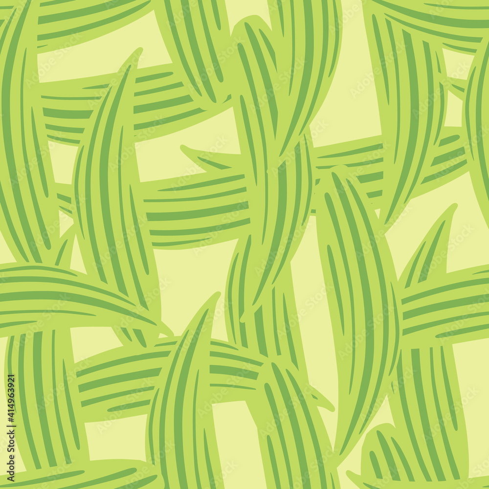 Fototapeta premium Random nature seamless pattern in doodle style with green lily of the valley leaves shapes. Pastel background.