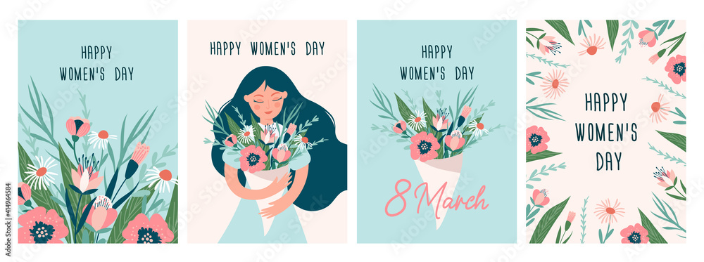International Women's day greeting card set. 8 March. Vector illustration