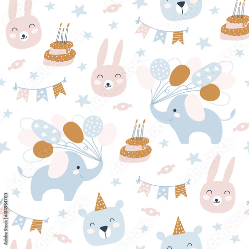 Happy Birthday seamless pattern. Birthday cream cakes  animals. Holiday for children. Vector illustrations