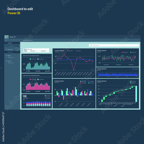 Dashboard with graphs and diagrams. Dark mode. Power bi analysis. Report to edit. EPS10