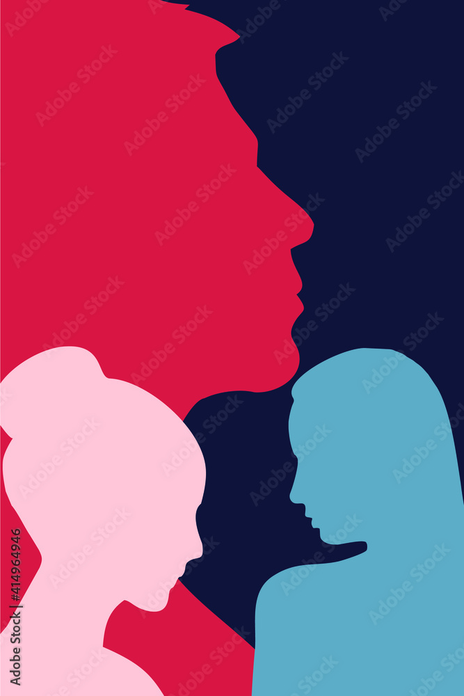 Multiracial and multiracial people poster A shadow profile of multicultural men and women. The concept of racial equality and anti-racism Multicultural society.