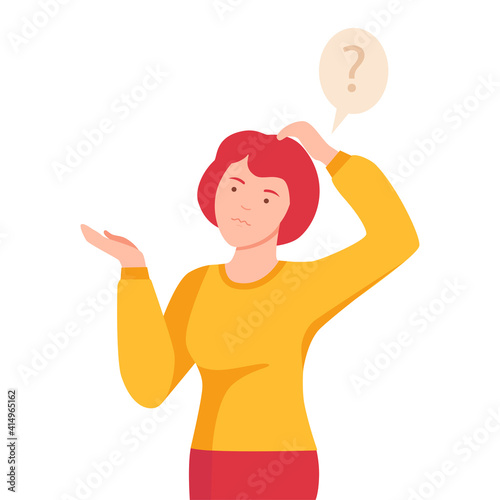 Young Woman Standing and Scratching Her Head Thinking or Making Decision Vector Illustration