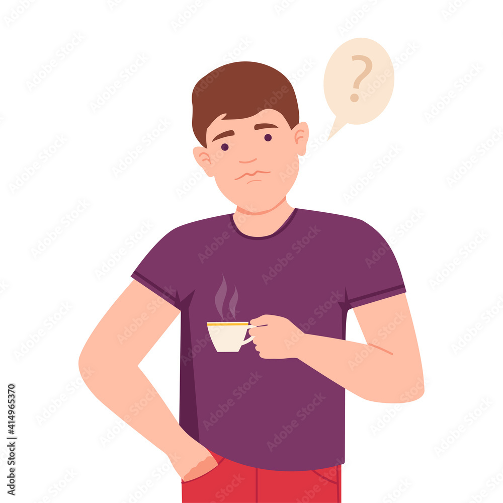 Thoughtful Man Standing with Cup of Coffee Thinking and Considering of Something Vector Illustration