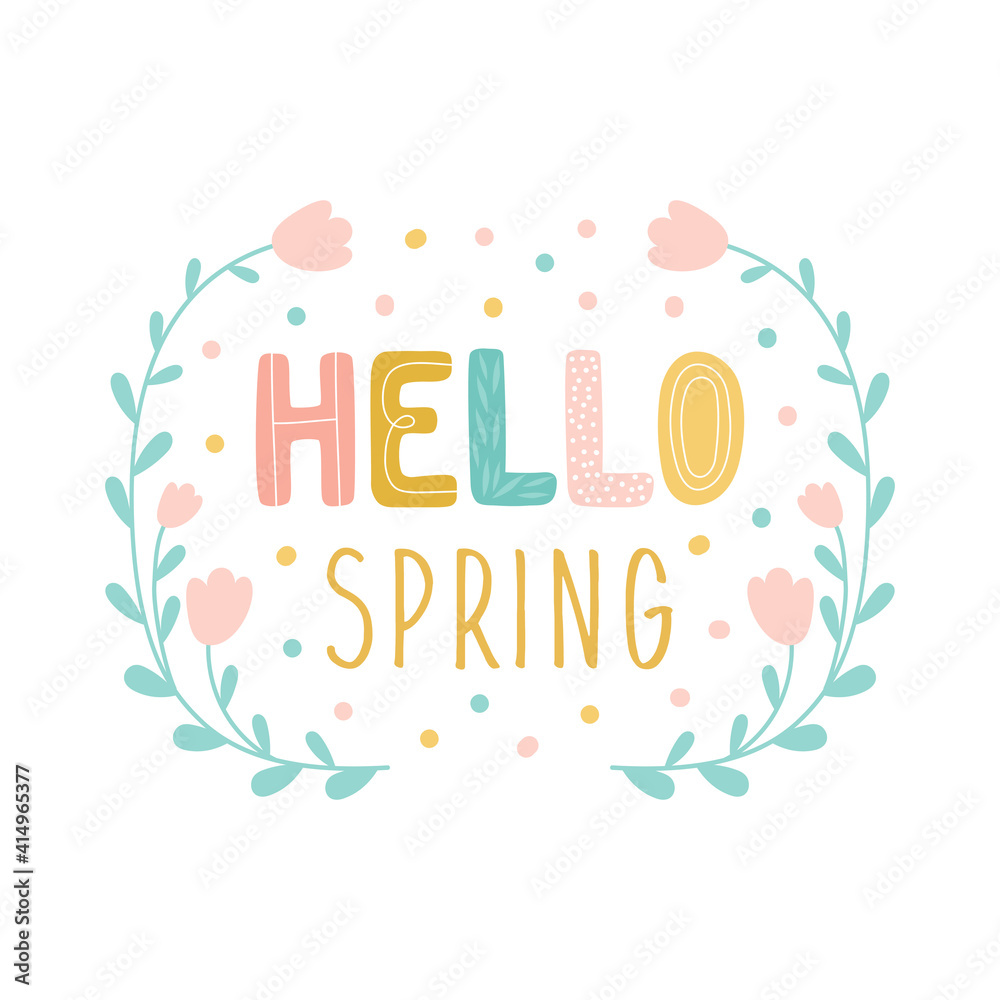 Hello spring greeting card. Hand drawn illustration with flowers. Vector illustration