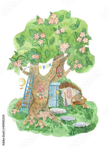 Hand drawn watercolor illustration with fairy house. Spring garden composition with a house in a blossoming tree. Print for postcards, scrapbooking, posters, stationery, textiles, design and decor.