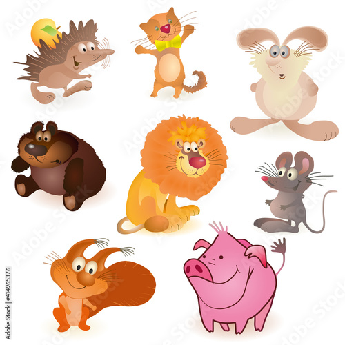 Set of eight funny animals - mouse, pig, rabbit, bear, hedgehog, cat, lion, squirrel