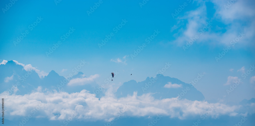 Fototapeta premium Paraglider am Himmel mit Vogel