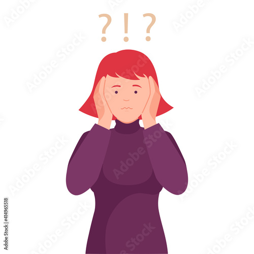 Thoughtful Woman Standing Holding Her Head with Her Hands Thinking and Considering of Something Vector Illustration