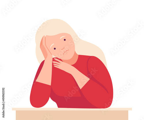 Female Sitting at Table with Pensive Face Expression Thinking and Considering of Something Vector Illustration