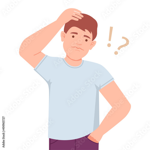 Young Man Standing and Scratching His Head Thinking or Making Decision Vector Illustration