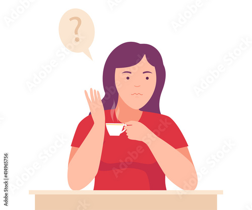 Female Sitting at Table with Pensive Face Expression Thinking and Considering of Something Vector Illustration
