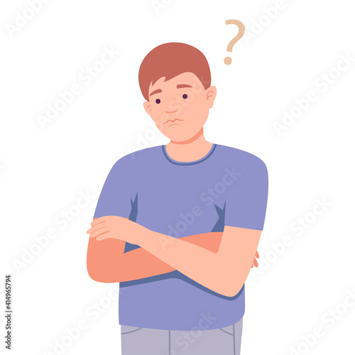 Thoughtful Man Standing Thinking and Considering of Something Vector Illustration