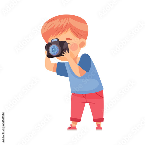 Redhead Boy Holding Camera and Taking Photo Vector Illustration