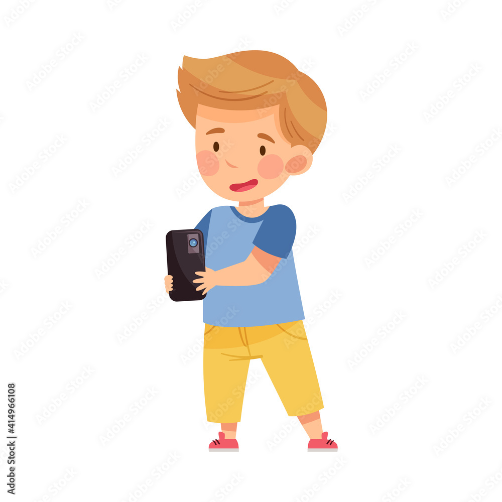 Funny Boy Holding Smartphone and Taking Photo Vector Illustration