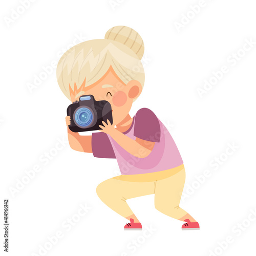 Blond Girl Holding Camera and Taking Photo Vector Illustration