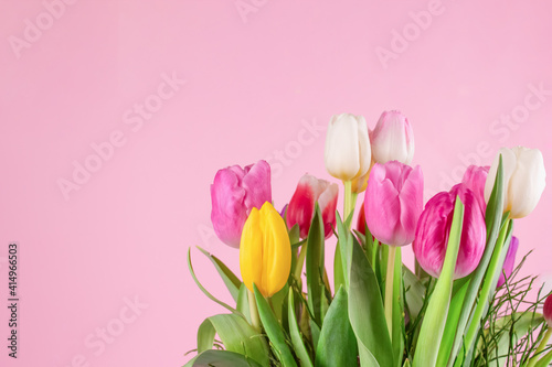 Beautiful colorful tulips on light pink background with copy space for text. Design for greeting card - Mother's Day, Women Day, 8 March or Valentines Day concept, selective focus
