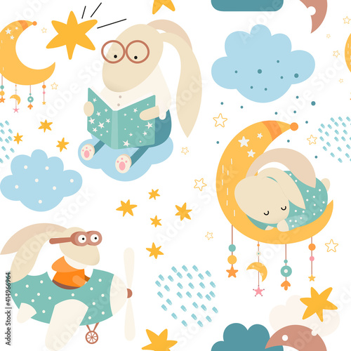 Seamless pattern with cute bunny sleeping on moon, hare reading fairy tale, rabbit pilot. Vector kids illustration for nursery design. Rabbits pattern for baby clothes, wrapping paper.