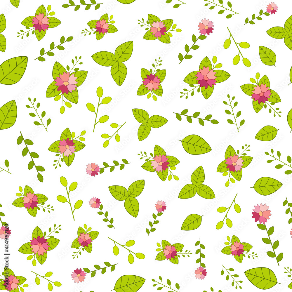 Seamless pattern with pink flowers and leaves. Vector illustration..